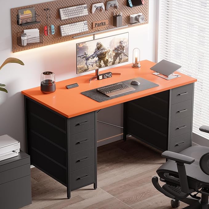 Pamray 47 Inch Computer Desk with 8 Fabric Drawers PC Gaming Desk Home Office Study Work Writing Table for Bedroom Orange