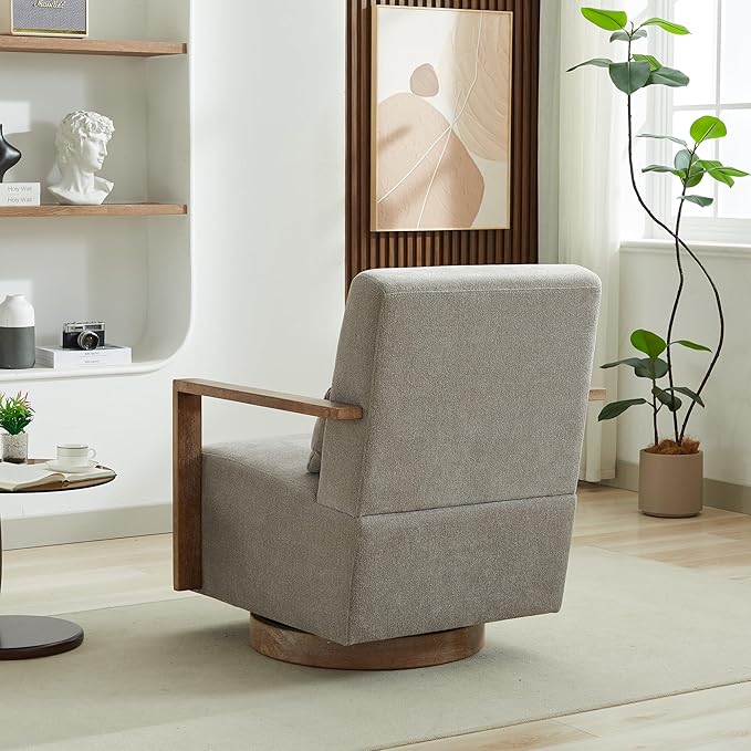Swivel Modern Upholstered Accent Chair with Solid Wood Armrests and 360 Degree Comfy Lounge Reading Chair Side Armchair for Hotel Bedroom Living Room Office and Nursery Room (Gray)