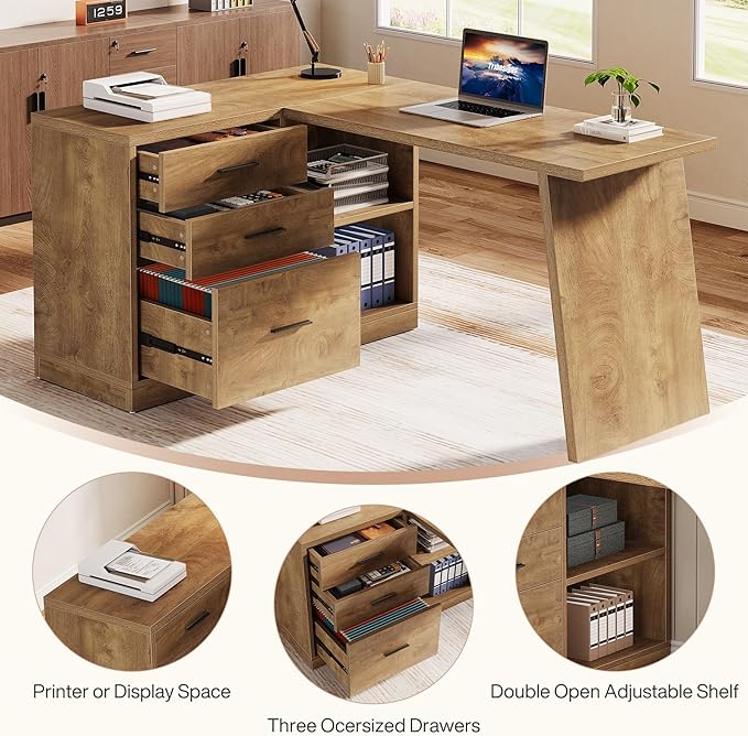 Tribesigns 55-Inch L Shaped Computer Desk with 3 Drawers Corner Home Office Desk with Storage Shelves Farmhouse Wood Executive Desk for Work Writing Sturdy Gaming Brown