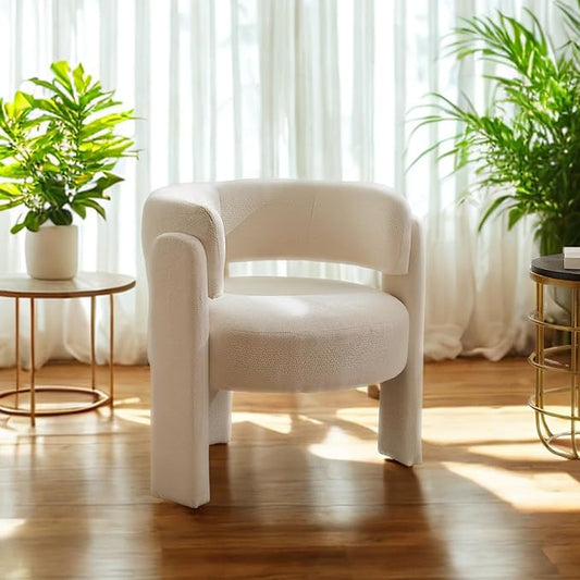 GDFStudio 30 Modern Accent Chair Upgrade Leisure Boucle Upholstered Armchair with Curved Arms and Waist Pillow Comfy Single Sofa Chair for Living Room Bedroom Office Apartment Ancient White