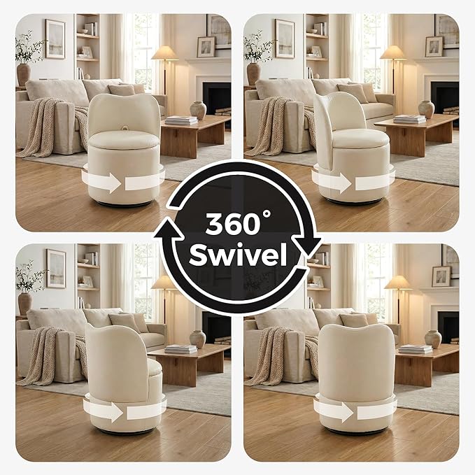 Swivel Velvet Vanity Chair with Storage Upholstered Vanity Stool with Back Sherpa Vanity Stool Chair Round Makeup Chair Swivel Accent Chair Barrel Armchair Soft Padded Seat for Living Room Bedroom