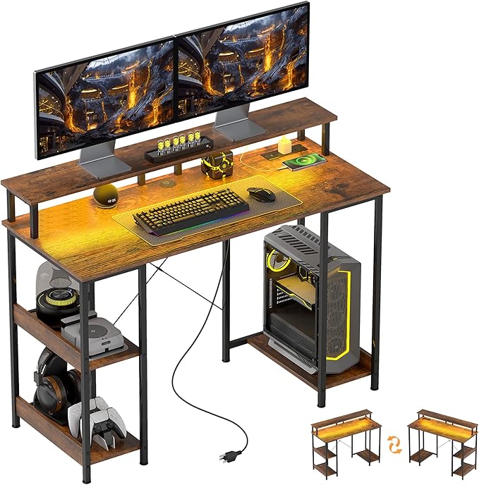HOMCOM 47 Gaming Desk with Power Outlets and LED Lights Reversible Computer Desk with Monitor Stand and 2-Tier Storage Shelves Cable Management for Home Office Rustic Brown