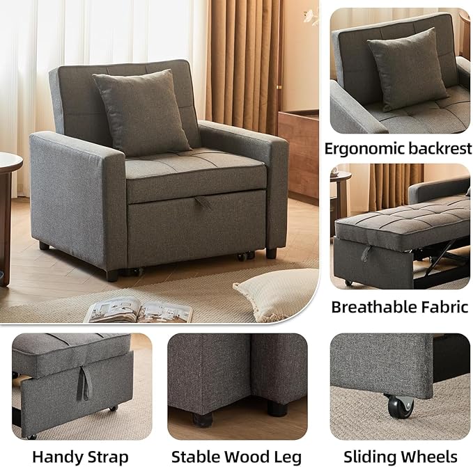 3-in-1 Convertible Sleeper Chair Pull Out Chair with Extra Pillow Lazy Chair Bed Sleeper for Adults Recliner Sofa Bed with 3 Adjustable Angles for Small Spaces Home Office Deep Gray