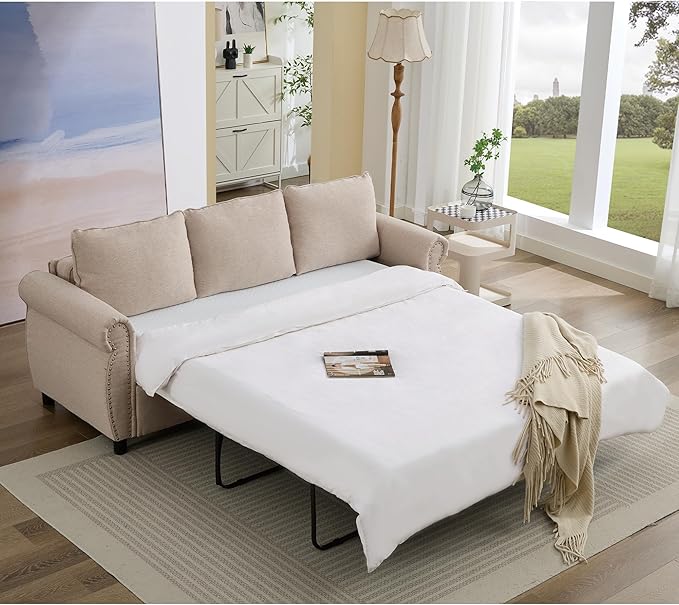 Pull Out Sofa Bed Queen Size Sleeper Sofa with Memory Foam Mattress 3 in 1 Convertible Pullout Couch Bed 3-Seater Comfy Upholstered Loveseat Sofas for Living Room Guest Room RV (Beige Linen)