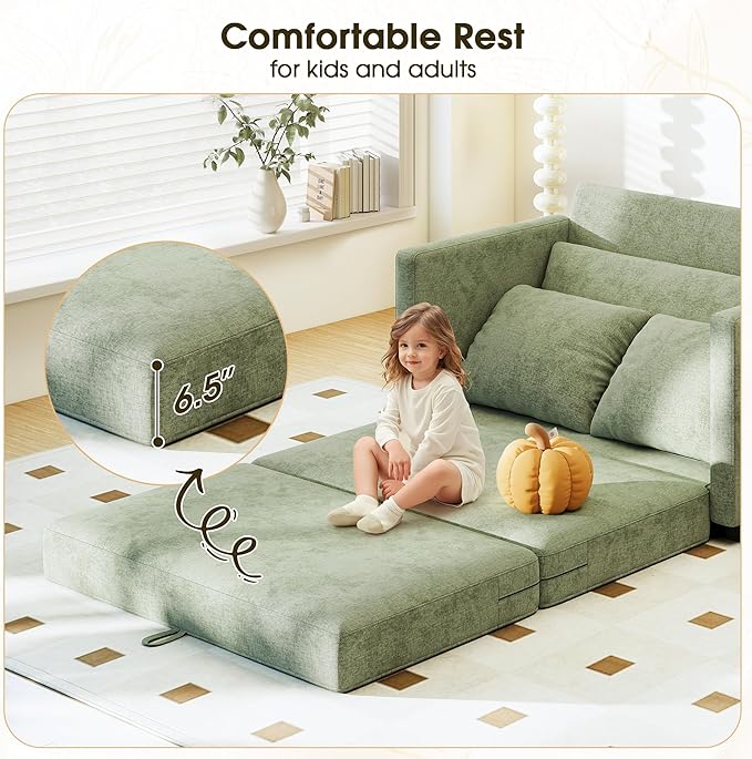 51 Convertible Loveseat Sofa Bed 2-in-1 Folding Sofa Bed with 2 Pillow for Small Spaces Modern Loveseat Compact Sleeper Couch for Apartment Living Room &amp Guest Room (Light Green)