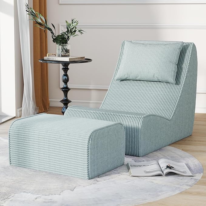 Giant Bean Bag Chair for AdultsCorduroy Chaise Lounge with Unrivaled Back Support Detachable Neck Pillow Comfortable Ottoman &amp Washable Cover for Living Room Bedroom Garden(Mint Green)