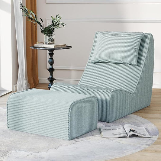 Giant Bean Bag Chair for AdultsCorduroy Chaise Lounge with Unrivaled Back Support Detachable Neck Pillow Comfortable Ottoman &amp Washable Cover for Living Room Bedroom Garden(Mint Green)