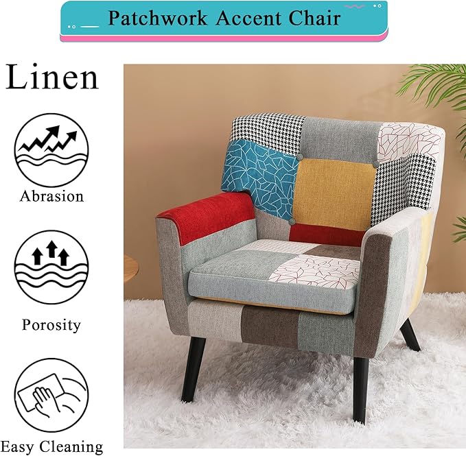 Colorful Accent Chair &amp Boho Accent Chair Comfy Arm Chair with Wide Back for Bedroom Living Room Linen Fabric Patchwork Wood Legs