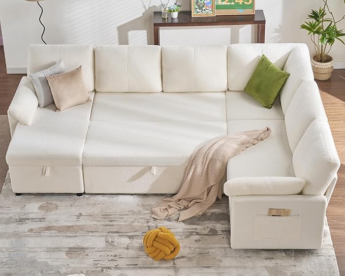 PaPaJet Sofa Bed 112 Inch Sleeper Sofa Oversized U Shaped Couch with Storage Chaise Pull Out Couch for Living Room White Boucle
