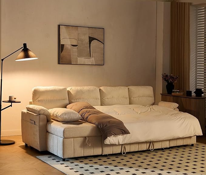 Tbfit 108'' Pull Out Sofa Cloud Sleeper Sofa Bed with USB &amp 2 Storage Chaises Comfy Oersized U Shaped Convertible Sectional Sleeper Couches for Living Room Apartment Office Beige