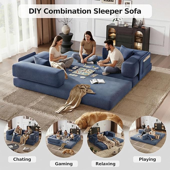 78.8 Boneless Sleeper Sofa BedConvertible Futon Couch with Storage Pocket and 2 PillowsModular Corduroy Sofa for livingroomSmall speaceBlue