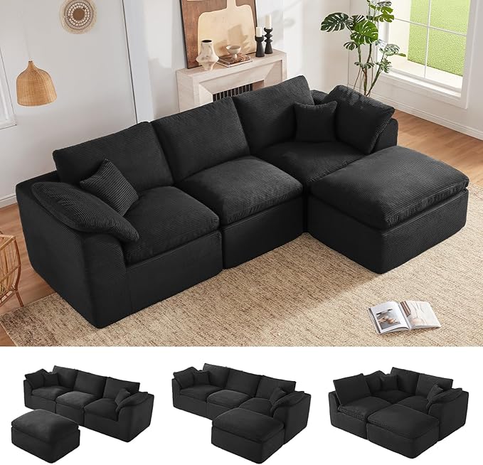 112 Cloud Sectional Couch Boneless Couches for Living Room L Shaped Couch with Convertible Ottoman Modular Sectional Sofa with Deep Seat Comfy Soft Cushions No Assembly Black