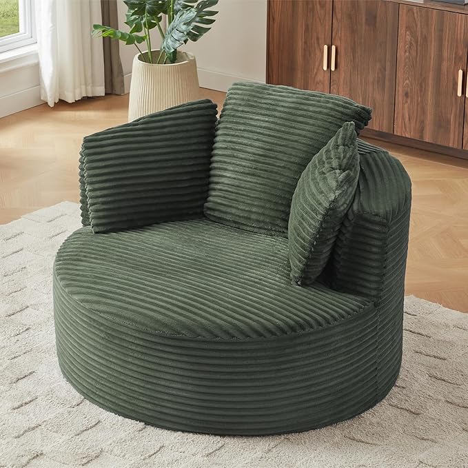 Antetek 48.8-inch Round Chair Modern Accent Corduroy Comfy Deep Seat Boneless Foam Floor Single Circle Chaise Sofa Chair with 3 Pillows for Living Room Bedroom Office No Assembly Required Green