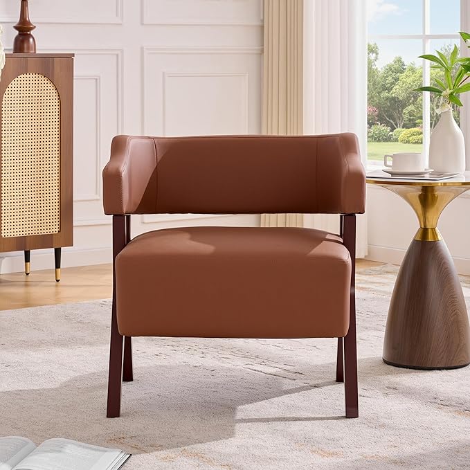 JIASTING Brown Leather Accent Chair with Solid Wood Frame Mid-Century Modern Armchair with Wraparound Back Small Sofa Chair Reading Leisure Arm Chair for Waiting Room Bedroom (1 Brown)