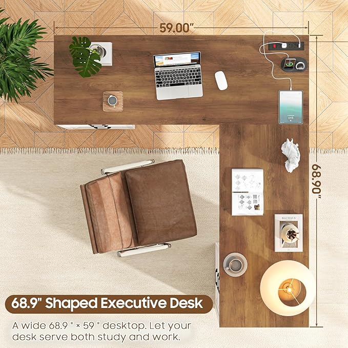 Vabches Wood L Shaped Executive Desk with 6 Drawers Farmhouse Home Office Desk with Power Outlets and Triangle Under-Desk Storage Shelf &amp Drawer File Cabinet Corner Computer Desk Brown