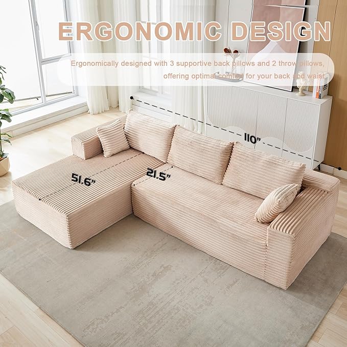 110 Modular Sectional Sofa with L-Shape Chaise Boneless Cloud Couch with Deep Seat Sponge Compression Sofas No Assembly Required Upholstered Couches for Living Room Bedroom (Corduroy Beige)