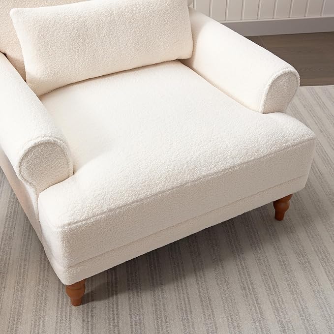 JOSHEN 40 Mid-Century Modern Boucle Accent ArmchairBoucle Upholstered Chair with a Waist Pillow for Living RoomBedroomStudyBeige