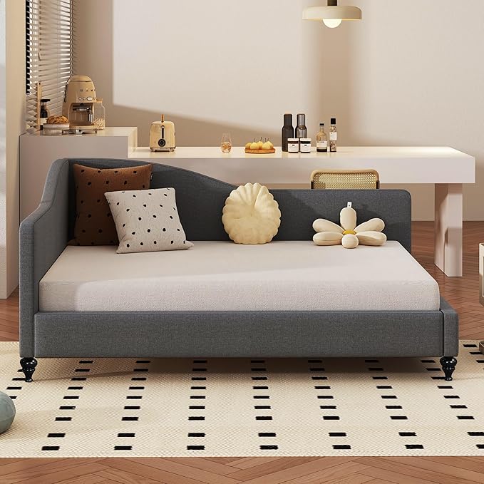 Merax Full Size Bed Frame Daybed L-Shaped Linen Day Bed Corner Sofa with Solid Wood Legs for Living Room Guest Room No Box Spring Needed Grey