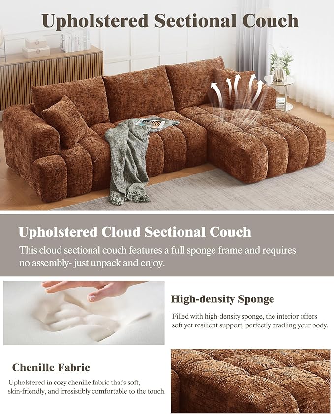 108 Boneless Cloud Modular Sectional Couch for Living Room L Shaped Sofa with Chaise | Chenille Fabric | Compressed Foam Sofa for Living Room | No Assembly (Orange Right Hand Facing)