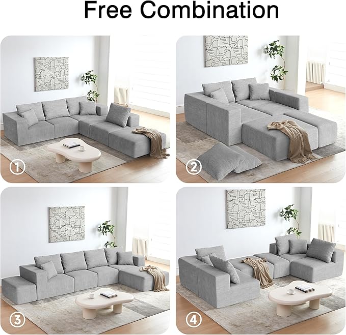 152'' Cloud Couch Sectional Deep Seat Upholstered Sofa Chenille Grey Modular Sectional Couches for Living Room Memory Foam with 6 Pillows No Assembly Required