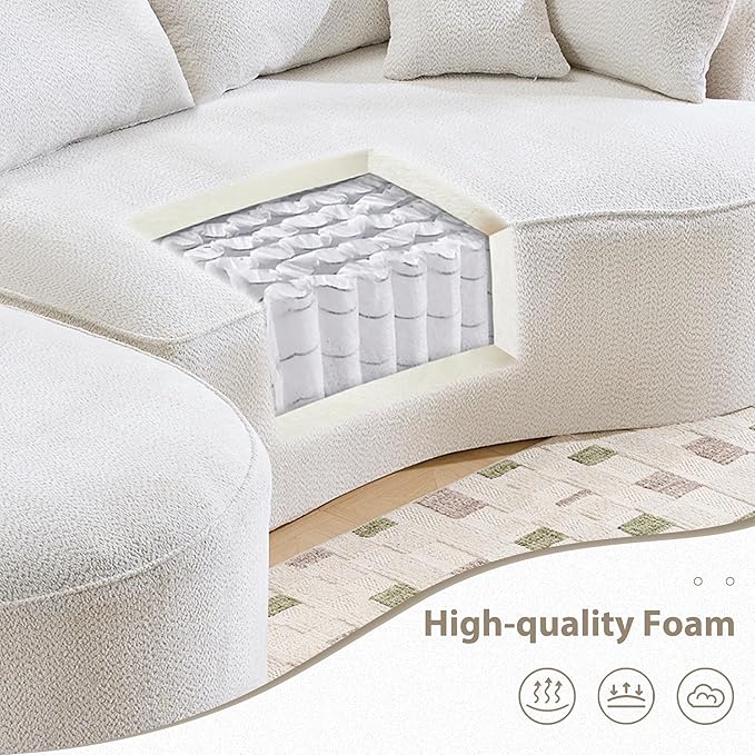 Modern 124.5 Compressed Boneless White Chenille Fabric Arc Sectional Sofa with 7 Pillows - No Assembly Curved Living Room Couch for Contemporary Spaces