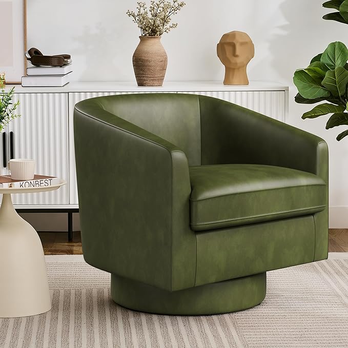 Swivel Barrel Accent Chair Round Faux Leather Living Room Arm Chairs Modern Upholstered Comfty Reading Nook Chairs for Bedroom Small Club Armchair Single Sofa Side Chair Green