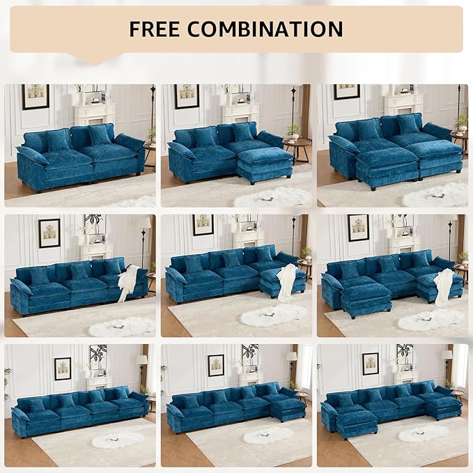 46.4'' Blue Modern Large Sectional Couches for Living Room Chenille Fabric Modular Sectional Sofa Oversized Single Cloud Couch with Ottomans Deep Seat Wide Arm Sofas Set Sofa para Sala