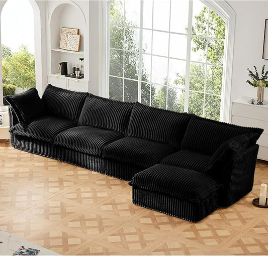 Modular Sectional Sofa Cloud Couch 156.6 L Shaped Comfy 3-Seat Couch with Ottoman &amp Removable Cover Oversized Sofa Set for Living Room Apartment Black Corduroy