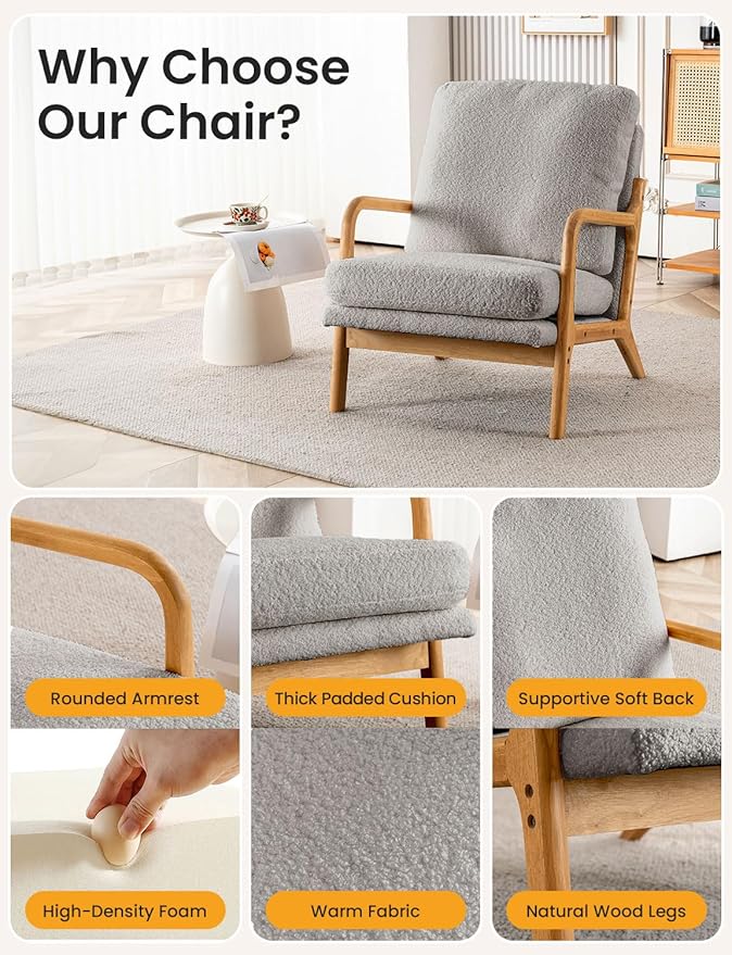 Mid Century Modern Accent Chairs for Living Room 23” Wide Comfy Chair for Bedroom Small Cozy Sherpa Reading Chairs for Adults 108° Lounge Arm Chair Indoor with Detachable Cover 5.5 Foam Cushion
