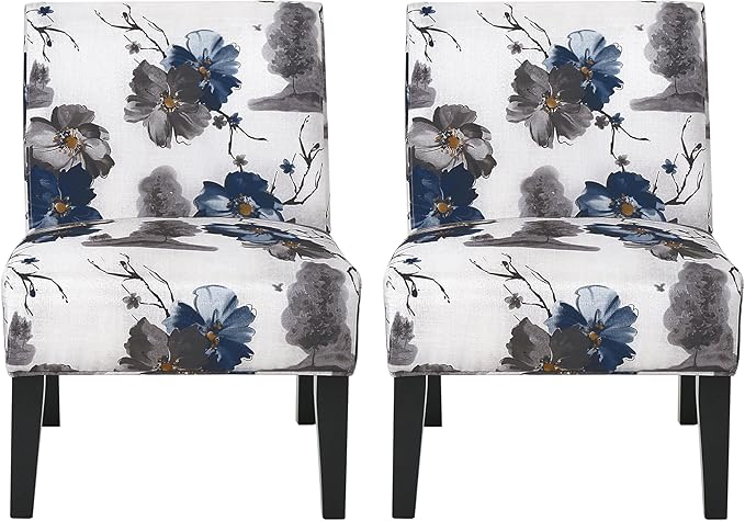 Christopher Knight Home Kendal Set of 2 Fabric Upholstered Club Chair Floral Print Modern Armless Accent Chair for Living Room Comfy Slipper Chair for Bedroom Home Office Blue+White