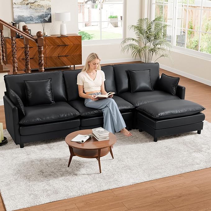 113'' L Shaped Cloud Couch 4-Seater Modular Sectional Sofa with Double Layer Upholstered Seat Cushion PU Deep Seat Couches with Ottoman &amp Pillows for Living Room Bedroom &amp Apartment Black