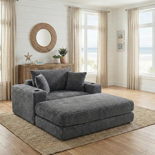 53 Oversized Chaise Lounge Chair Indoor Modular 3-in-1 Corduroy Boneless Chair Cloud-Like Cozy Comfy Sofa Bed Sleeper Couch for Reading Living Room Bedroom Grey