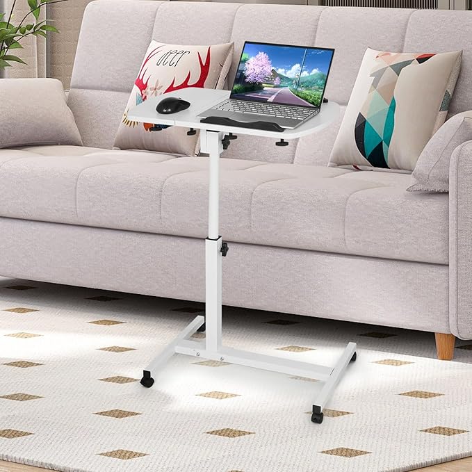 Portable Rolling Laptop Desk Mobile Small Standing Desk Tilting Design 360° Rotatable Overbed Panel Adjustable Height Ideal for Home Office &amp School Use White