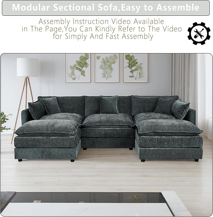Setawix Deep 3 Seater Couch with Ottomans112.2 U-Shaped Cloud Couches for Living RoomChenille Cloud Sofa Couch with Deep SeatModular Sectional U Shape 3 Seat Sofa for Bedroom (Grey 3+2)
