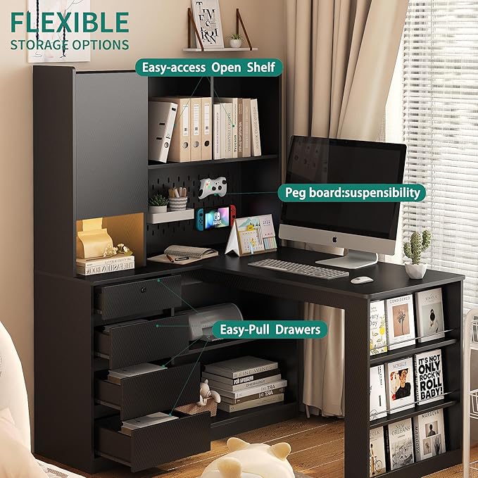 Black L-Shaped Home Office Desk with Hutch &amp Drawers Modern Corner Desk with LED Light &amp Bookshelf Wood Study Writing Table Gaming Computer Desk for Bedroom Home