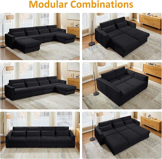 VANOMi 82 Modular Sectional Sofa Bed with Storage Ottomans Convertible Comfy 4-Seater Corduroy Cloud Couch Modern Sleeper Chaise for Living Room (Black Sleeper Bed-3)