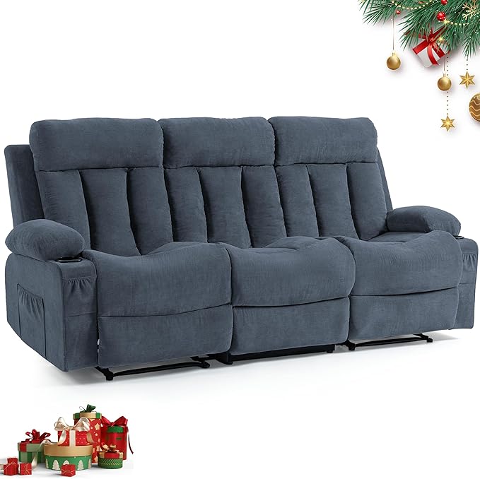 3 Seater Reclining Sofa Couch with Cup Holders Comfy Triple Manual Fabric Recliner Chair for Living Room Home Theater Office Blue