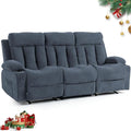 3 Seater Reclining Sofa Couch with Cup Holders Comfy Triple Manual Fabric Recliner Chair for Living Room Home Theater Office Blue