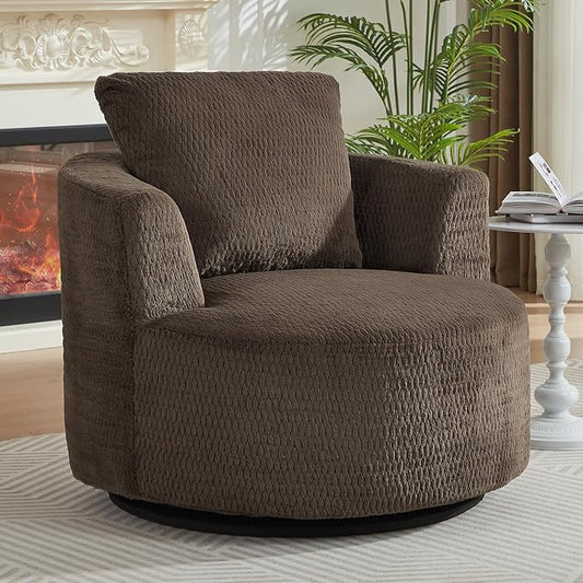 39.4 Wide Swivel Accent Chair Modern 360° Rotating Barrel Chair with Metal Base Club Single Sofa Chenille Armchair for Living Room Bedroom Reading Room Office (Dark Brown)