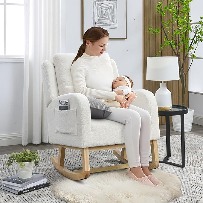 Antetek Rocking Glider Chair for Nursery Wingback Accent Rocker Chair Upholstered Tall Back Arm Chair w/Side Pockets Modern Leisure Single Sofa for Living Room Hotel Bedroom Baby Room Cream