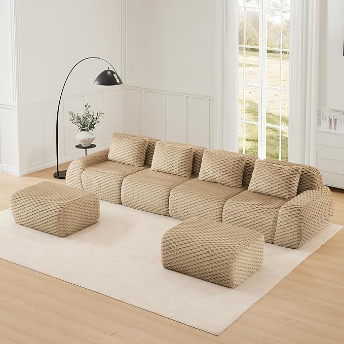 146 Boneless Couches for Living Room Oversized U-Shaped Couch with Buckle Connection Anti-slip Design Flannelette Fabric Modular Sectional Sofa with Deep Seat (Light Camel 4 Seat + 2 Ottoman)