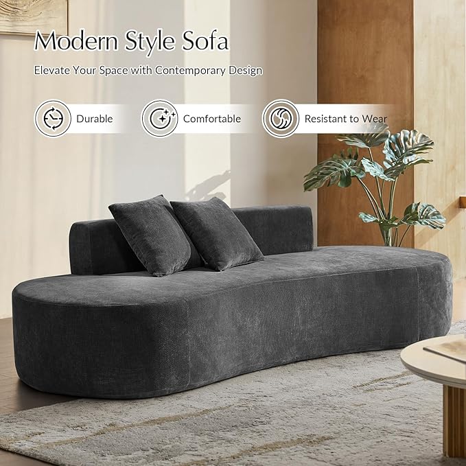HULALA HOME 94.5 Curved Boneless Couch with Two Pillows Oversized 3 Seater Compressed Foam Sofa with Deep Seat Modern Cloud Couch for Living Room No Assembly Required Charcoal