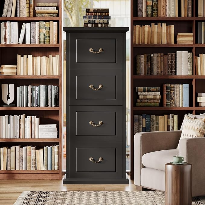 Tribesigns 4-Drawer File Filing Cabinet Vertical File Cabinet Office Wood Filing Cabinet for A4 / Letter Size Narrow Tall File Storage for Home Office Black