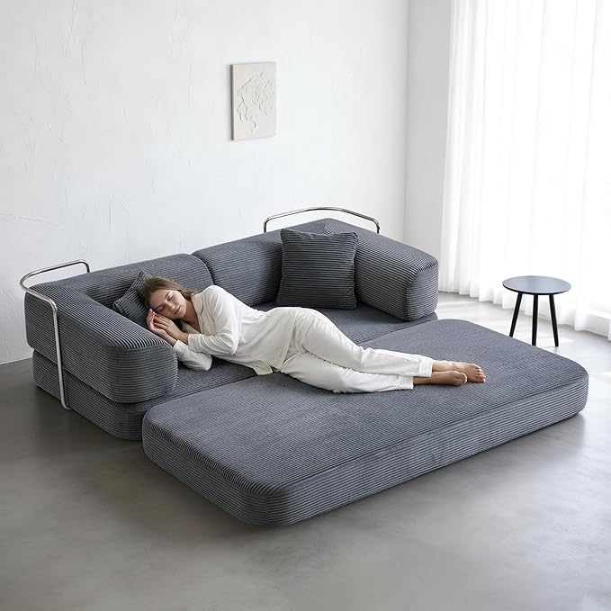 Modular Floor Sofa Bed for Small Apartments &amp Renters Stable Fixed-Shape Support Wide Guest Sleeper No Assembly Corduroy (Dark Gray) | 2-in-1 pillow quilts No assembly needed Medium-firm sup