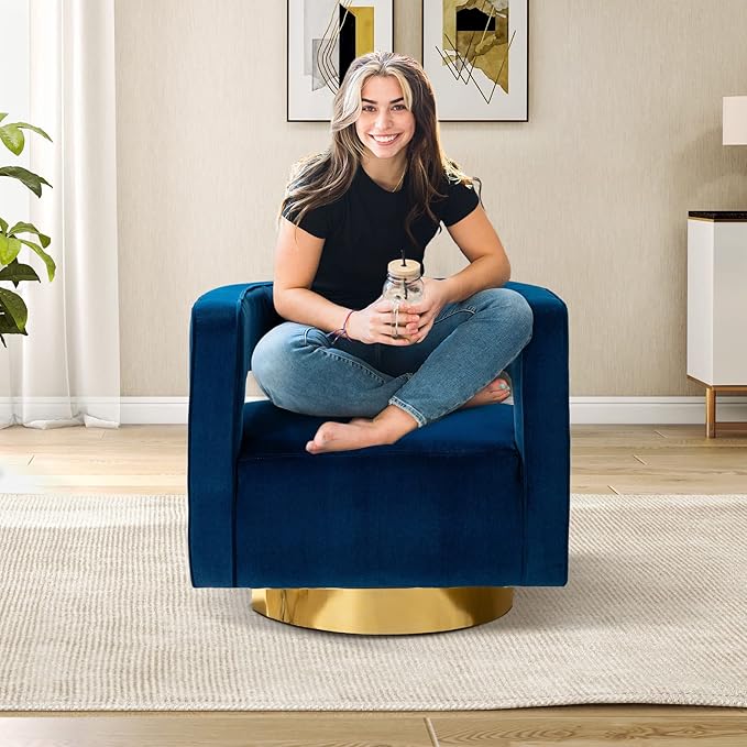 TINA'S HOME Swivel Accent Barrel Chair Modern Velvet Armchair with 3D Curved Open Back &amp Swivel Gold Metal Base Upholstered Club Chair for Living Room Bedroom Nursery Navy(No Assembly Required)