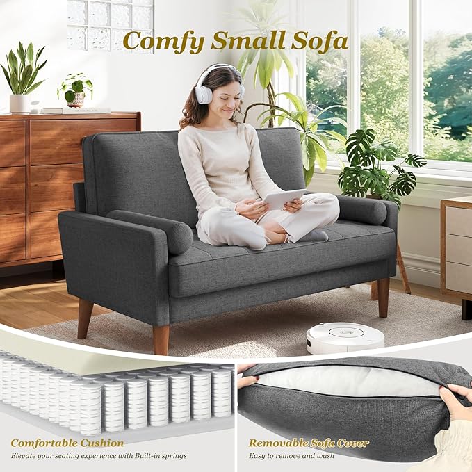 Vesgantti Loveseat Sofa with Solid Wood Legs 48 Small Couches for Small Spaces Love Seat for Living Room Bedroom Easy Assembly Mid Century Modern Couch with Throw Pillow for Apartment Grey
