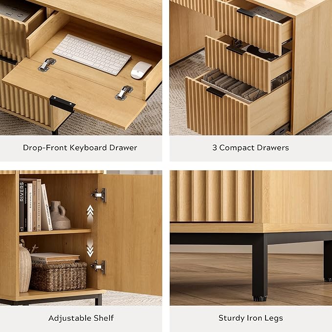 55 Fluted Executive Desk Modern Wood Home Office Desk with Charging Station Keyboard Tray File Drawer Storage Cabinet Computer Writing Desk for Work Study Writing Natural Oak