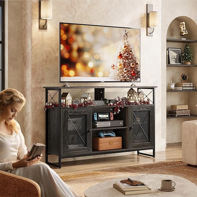WLIVE TV Stand 55 inch TVTall Entertainment Center with Storage Farmhouse Industrial TV Console for Bedroom Living Room Charcoal Black