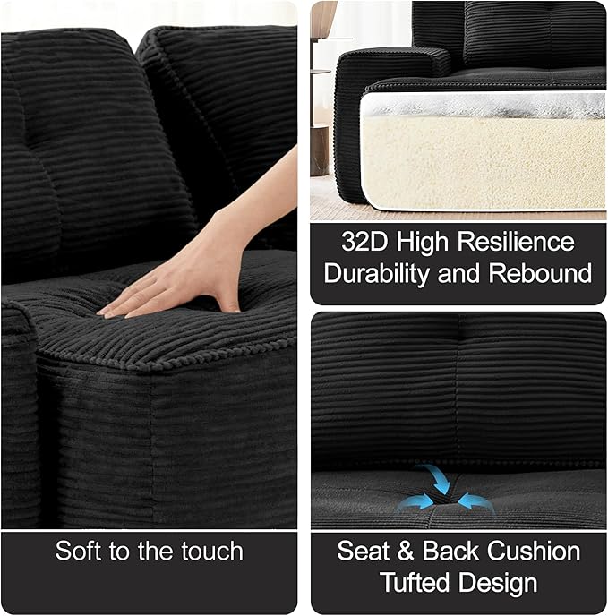 Casaphoria 80 Black Corduroy Cloud Couch Boneless Modular Sectional Sofa for Living Room with Deep 2-Seat &amp 1-Ottoman L Shape Cloud Couch No Assembly Required
