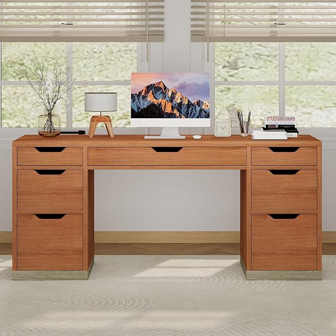 54 Inch Executive Desk with Drawers Computer Desk with 7 Drawers for Bedroom Office Desk with File Cabinet for Work Study Writing Small Spaces Brown